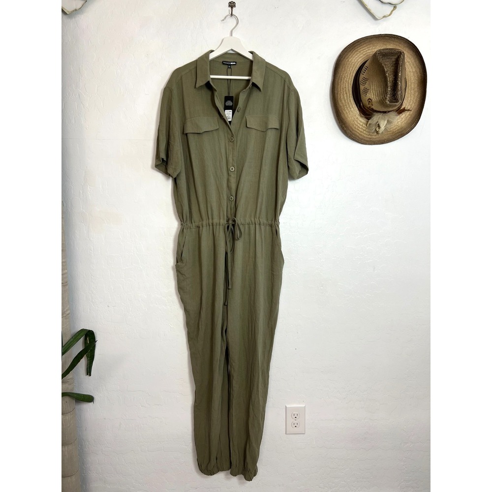 Fashion Nova NWT Olive Surviving Summer Jumpsuit Linen Blend Plus Size 1X